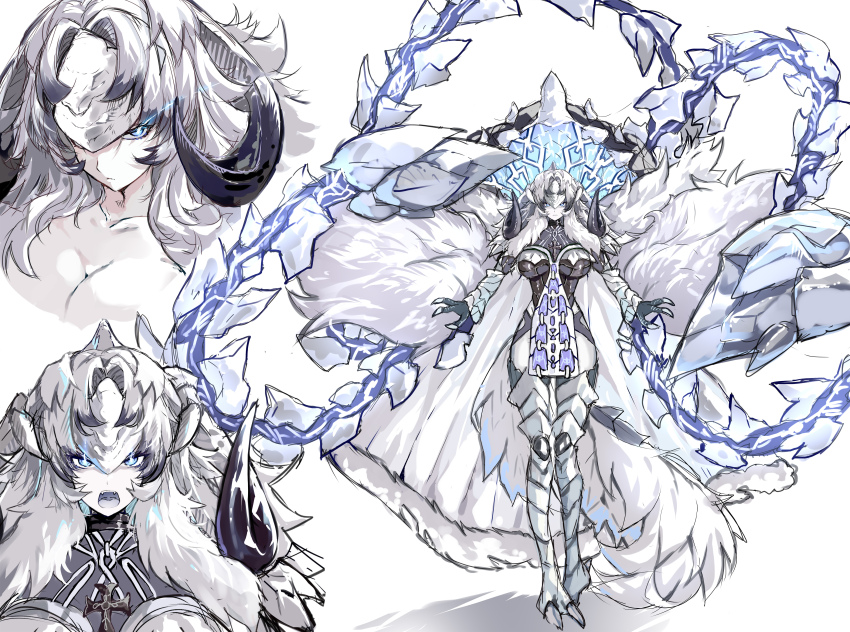 1girl absurdres arkveld armor black_horns blue_eyes breasts cape clawed_feet clawed_hands cleavage commentary_request cross cross_moline fangs full_body fur-trimmed_cape fur_trim glowing_pupils grey_tongue highres horns large_breasts latin_cross leotard long_hair looking_at_viewer monster_girl monster_hunter_(series) monster_hunter_wilds multicolored_horns pale_skin personification shadow solo two-tone_horns umitsuki white_background white_cape white_hair white_horns white_tail