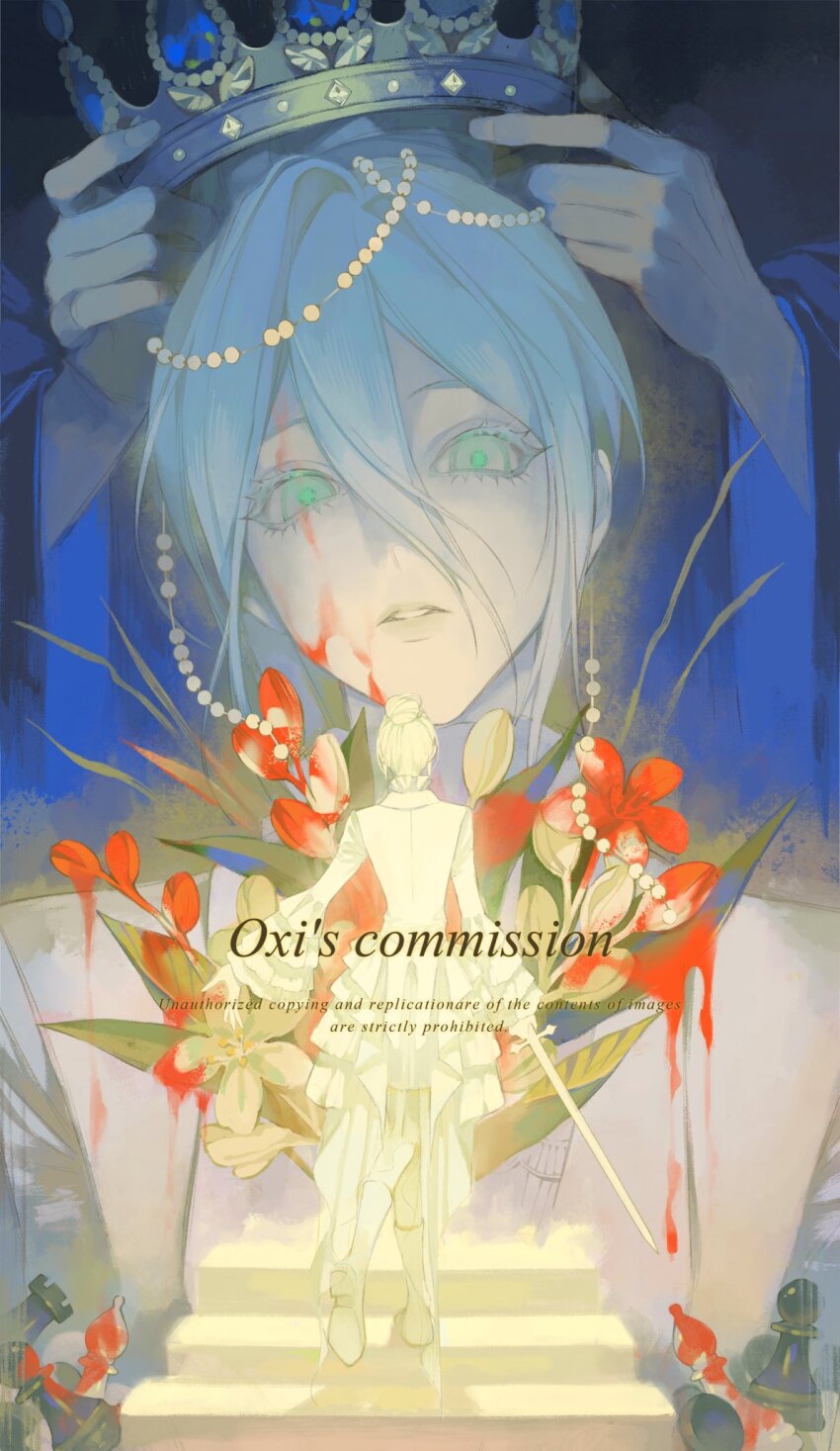 1girl 1other blood blood_on_face blood_on_flower bouquet chess_piece crown flower formal_clothes highres holding holding_crown open_mouth original oxi206 suit white_hair white_suit