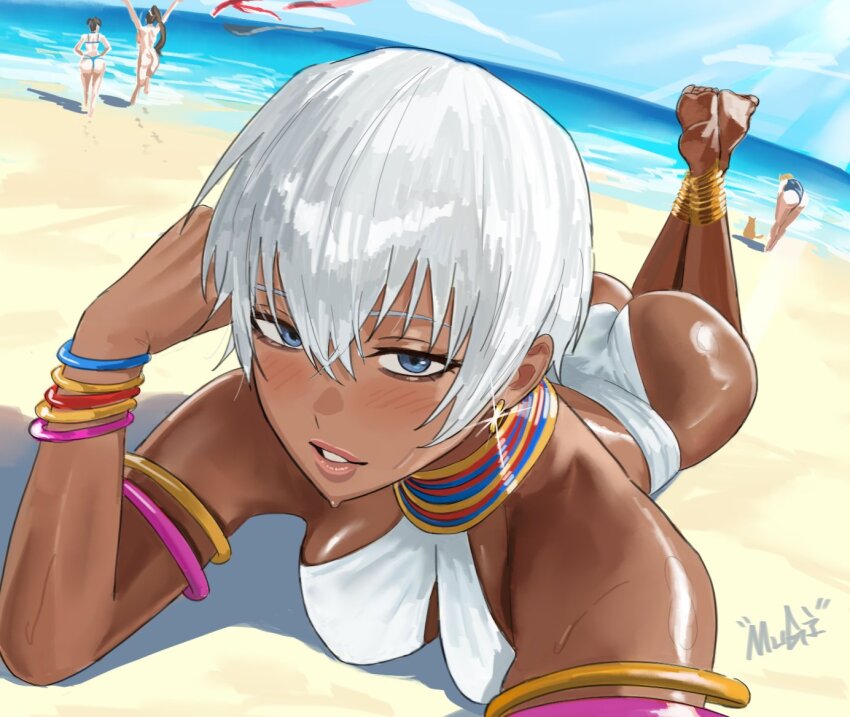 4girls ass beach breasts cammy_white capcom chun-li dark-skinned_female dark_skin elena_(street_fighter) fatal_fury female_focus large_breasts long_hair multiple_girls ocean shiranui_mai solo_focus street_fighter street_fighter_6