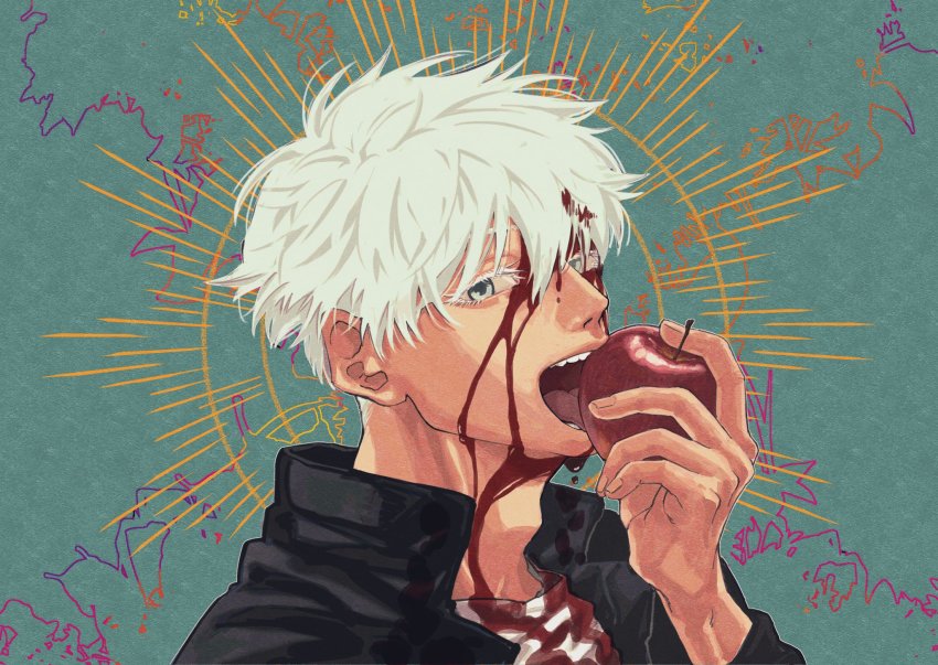 1boy black_jacket bleeding blood blood_on_clothes blood_on_face blue_background blue_eyes eyelashes food fruit fuse_(2sau3) gojou_satoru hair_between_eyes hand_up highres holding holding_food holding_fruit injury jacket jujutsu_kaisen long_sleeves looking_at_viewer male_focus open_mouth shirt short_hair solo upper_body white_hair white_shirt