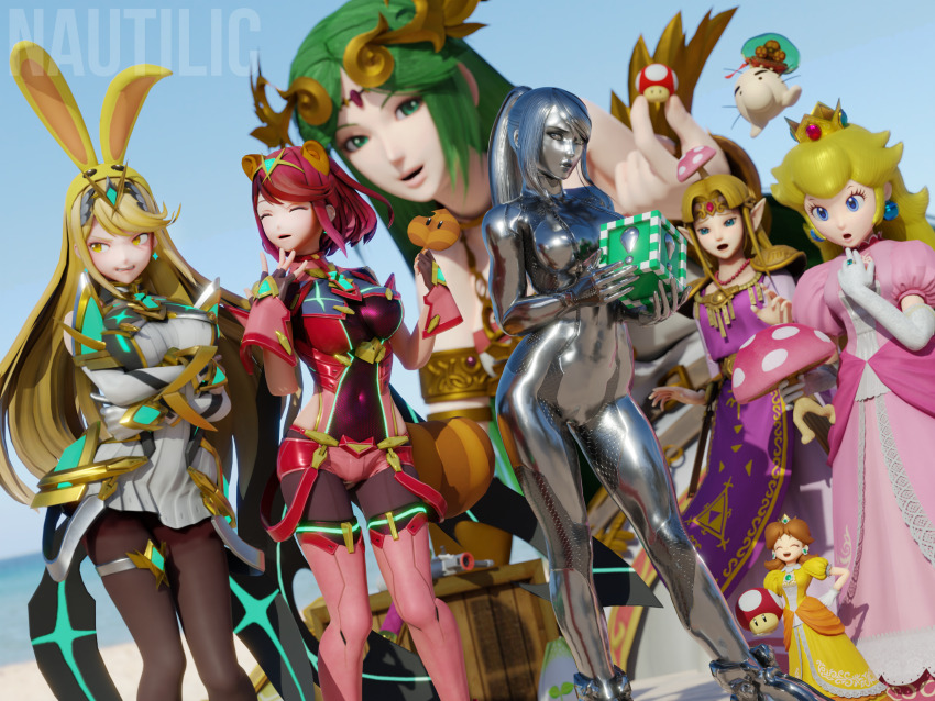 3d 6+girls :d ancient_greek_clothes animal_ears aqua_gemstone armlet artist_name black_pantyhose blonde_hair blue_eyes boots breasts brooch brown_hair bunny_hood_(zelda) chiton circlet clenched_teeth covered_navel crown doseisan dress earrings elbow_gloves embarrassed floating_earring flower_brooch forehead_jewel gem giant giantess gloves greco-roman_clothes green_eyes green_hair highres impossible_clothes jewelry kid_icarus kid_icarus_uprising large_breasts laurel_crown long_hair mario_(series) metal_skin metroid metroid_(creature) metroid_larva mini_person minigirl mother_(series) multiple_girls mushroom_on_head mythra_(massive_melee)_(xenoblade) mythra_(xenoblade) nautilic nintendo open_mouth palutena pantyhose pantyhose_under_shorts pink_dress pointy_ears poison_mushroom_(mario) ponytail princess_daisy princess_peach princess_zelda puffy_short_sleeves puffy_sleeves purple_dress purple_tabard pyra_(xenoblade) raccoon_ears raccoon_tail ramblin&#039;_evil_mushroom red_hair samus_aran short_dress short_hair short_shorts short_sleeves shorts smile sphere_earrings super_leaf super_leaf_(transformation) super_mushroom super_smash_bros. tabard tail teeth the_legend_of_zelda thigh_boots thigh_strap tiara white_dress xenoblade_chronicles_(series) xenoblade_chronicles_2 yellow_dress yellow_eyes zero_suit