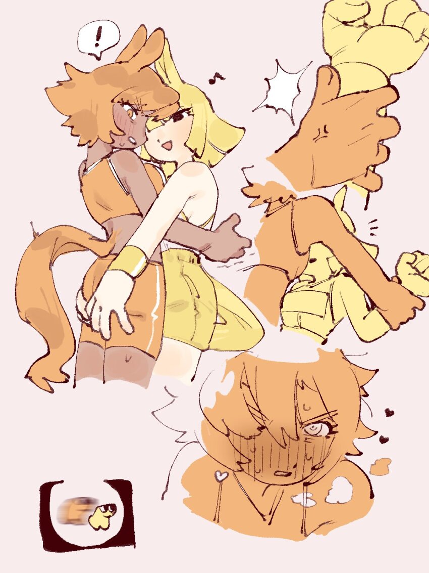 ! 2girls anger_vein animal_ears blonde_hair blush dark-skinned_female dark_skin grabbing_another&#039;s_ass grey_background groping hashtag-only_commentary heart heavy_breathing highres holding_another&#039;s_wrist horse_ears horse_girl horse_race_tests horse_tail jovial_merryment multiple_girls musical_note open_mouth orange_hair orange_shorts parted_lips short_hair shorts simple_background spoken_exclamation_mark sweat tail torento yellow_(horse_race_tests) yellow_shorts yuri