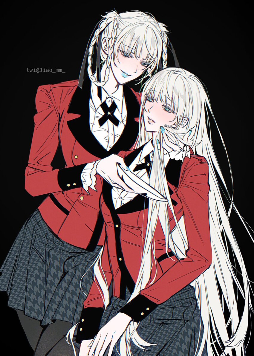 2girls black_background black_pantyhose black_ribbon blue_eyes blush braid breast_press grey_skirt hair_ribbon highres hyakkaou_academy_school_uniform jacket kakegurui long_hair m_omoo momobami_kirari momobami_ririka multiple_girls pantyhose red_jacket ribbon school_uniform shirt siblings skirt twin_braids twins twitter_username very_long_hair white_hair white_shirt yellow_eyes yuri