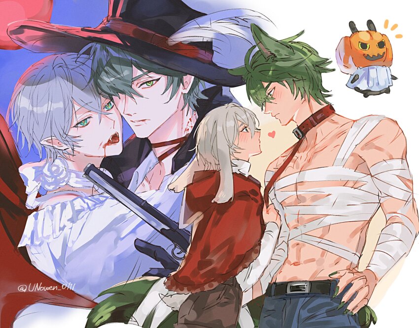 1other 2boys abs animal_ear_fluff animal_ears antique_firearm bandaged_arm bandaged_torso bandages bangboo_(zenless_zone_zero) bare_shoulders belt black_hat blood blood_on_face blood_on_neck blue_pants blush brown_pants choker cloak closed_mouth collarbone commentary_request fangs firearm firelock flintlock from_side green_eyes green_hair green_nails green_tail grey_hair gun hair_between_eyes hair_over_one_eye hand_on_own_hip hat hat_feather heart highres holding holding_gun holding_leash holding_weapon hood hooded_cloak large_hat leash lighter_(zenless_zone_zero) looking_at_another looking_at_viewer multiple_boys muscular muscular_male navel notice_lines open_mouth pants pectorals poet_shirt pumpkin_on_head rabbit_ears rabbit_tail red_cloak red_pupils ribbon_choker scar scar_on_shoulder shirt stomach tail tongue twitter_username unowen_0111 vampire weapon white_shirt wise_(zenless_zone_zero) yaoi zenless_zone_zero