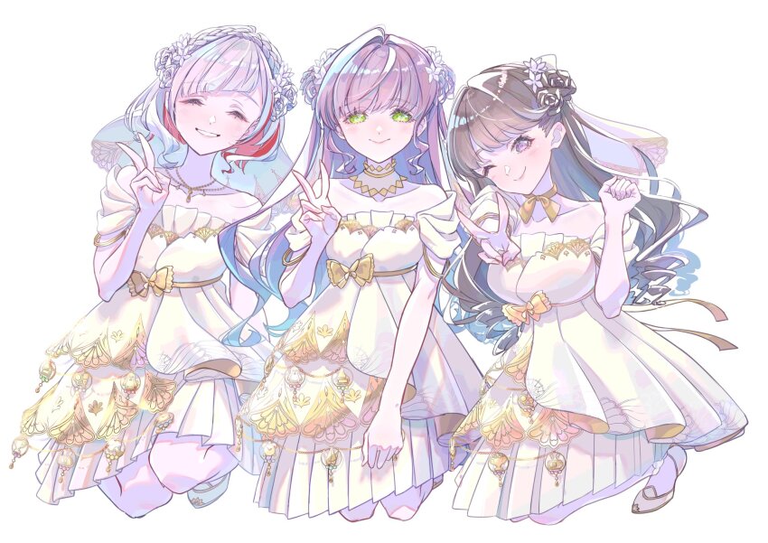 3girls 4th_live_dream_~bloom_the_dream_believers~ ;) ^_^ breasts brown_hair clenched_hand closed_eyes closed_mouth colored_inner_hair commentary_request dress flower flower-shaped_hair flower_stand_art frilled_dress frills fujishima_megumi green_eyes grey_hair grin hair_flower hair_ornament head_tilt highres itsudemo_itsumademo_(love_live!) kirisaki_nuko layered_dress link!_like!_love_live! long_hair looking_at_viewer love_live! medium_breasts multicolored_hair multiple_girls off-shoulder_dress off_shoulder official_alternate_costume official_alternate_hairstyle one_eye_closed otomune_kozue pleated_dress purple_eyes red_hair short_hair simple_background smile streaked_hair v virtual_graduation_commemoration virtual_youtuber white_background white_dress white_flower yugiri_tsuzuri
