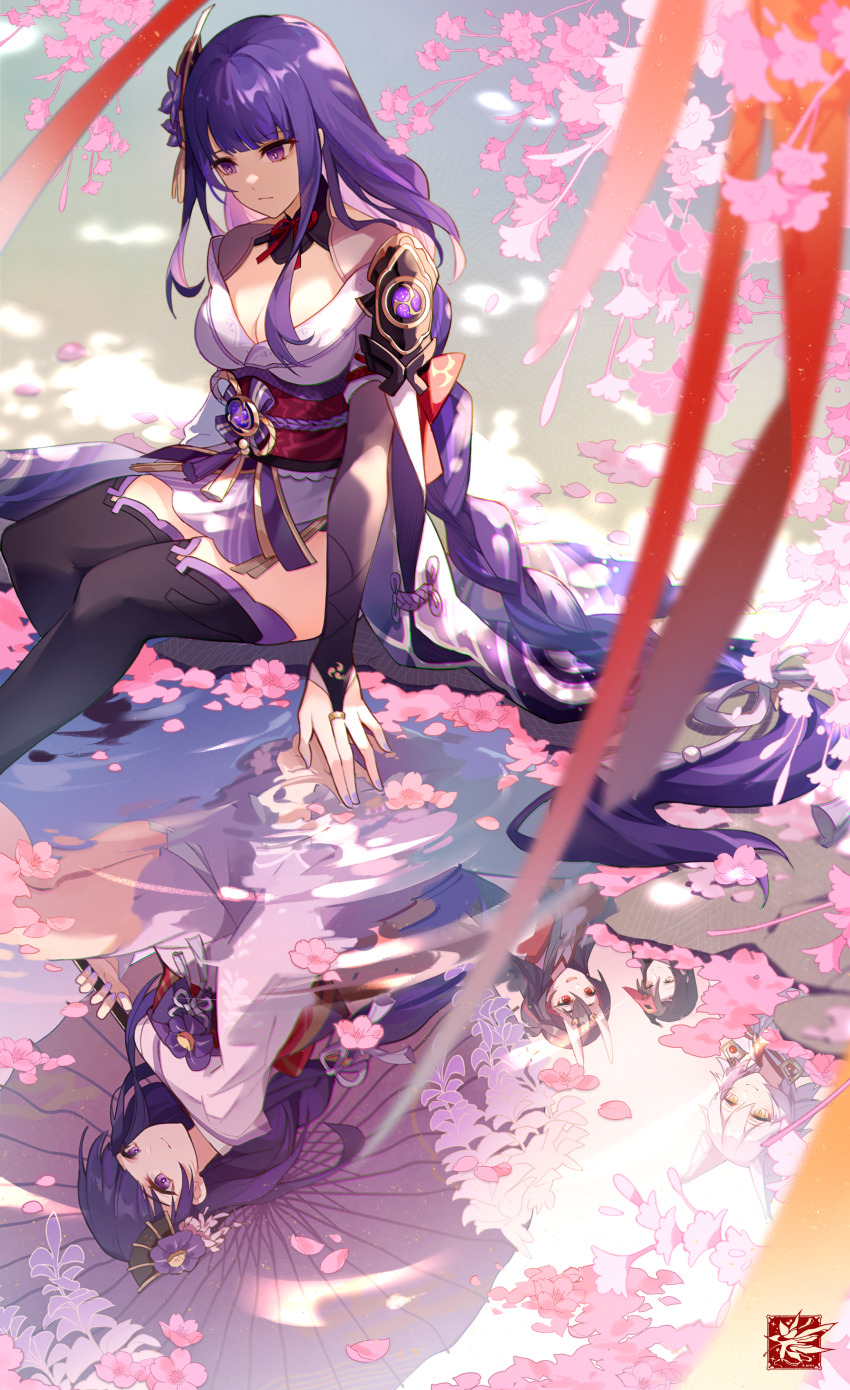 1boy 4girls absurdres animal_ears armor autumnlll black_hair braid cherry_blossoms chiyo_(genshin_impact) fox_ears genshin_impact hair_ornament highres horns japanese_clothes kimono kitsune kitsune_saiguu long_braid long_hair makoto_(genshin_impact) mask multiple_girls oni oni_horns purple_hair raiden_shogun remembering sasayuri_(genshin_impact) shoulder_armor spoilers tengu tengu_mask thighhighs umbrella water white_hair