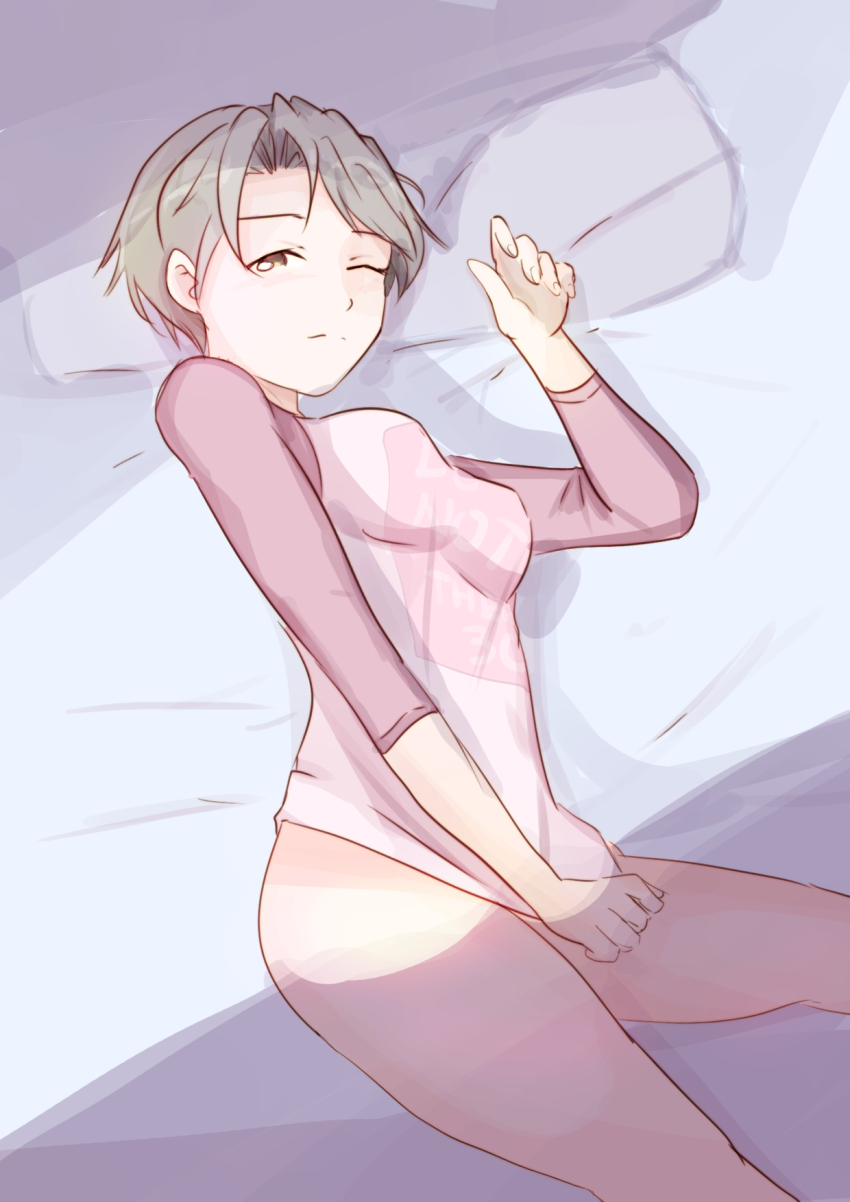 1girl 9_9bird bed_sheet bottomless breasts brown_eyes closed_mouth commentary covering_crotch covering_privates curled_fingers from_above grey_hair hand_up highres konno_mitsune looking_at_viewer love_hina lying medium_breasts no_panties on_bed on_side one_eye_closed pillow pink_shirt print_shirt raglan_sleeves shadow shirt shirt_tug short_hair solo swept_bangs three-quarter_sleeves two-tone_shirt very_short_hair
