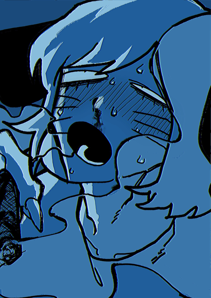 1boy absurdres blood blue_background blue_theme blush chamadori facial_mark fingernails highres male_focus marijuana monochrome nosebleed nyon_(randal&#039;s_friends) portrait randal&#039;s_friends rolling_eyes sharp_fingernails short_hair simple_background smoking solo stoned sweat whisker_markings