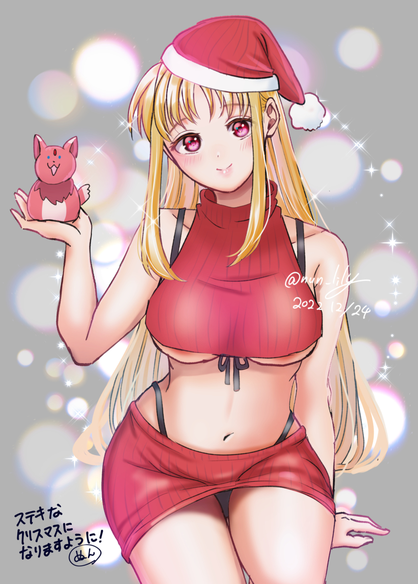 1girl 2022 arf bikini bikini_under_clothes blonde_hair breasts character_doll christmas closed_mouth commentary cropped_sweater dated female_focus front-tie_bikini_top front-tie_top halterneck hat highleg highleg_bikini highres holding holding_stuffed_toy japanese_text large_breasts long_hair looking_at_viewer miniskirt navel nun_(nun_lily) original pencil_skirt red_eyes red_hat red_skirt red_sweater ribbed_skirt ribbed_sweater santa_hat sidelocks sitting skirt sleeveless sleeveless_sweater smile solo sparkle string_bikini stuffed_fox stuffed_toy sweater swimsuit tilted_headwear translated turtleneck turtleneck_sweater twitter_username underboob