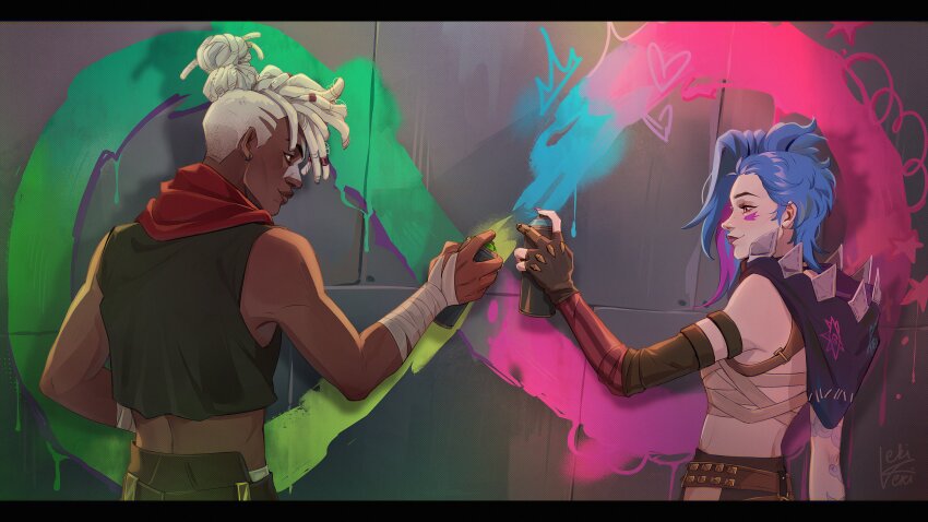 1boy 1girl absurdres arcane:_league_of_legends arcane_jinx arm_tattoo bare_shoulders blue_hair brown_eyes cloud_tattoo crop_top dark-skinned_male dark_skin dreadlocks ekikeki ekko_(league_of_legends) facepaint fingerless_gloves gloves graffiti highres hood jinx_(league_of_legends) league_of_legends looking_at_another navel painting_(action) pants pink_eyes prosthetic_fingers smile spray_can spray_paint tattoo