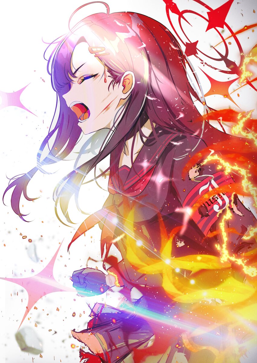 1girl absurdres black_gloves black_hair black_shirt black_skirt blood blue_archive burnt_clothes clenched_hand closed_eyes commentary_request cuts fire from_side gloves hair_ornament hairclip halo highres himmel_gewalt ichika_(blue_archive) injury long_hair neckerchief open_mouth red_neckerchief school_uniform shirt skirt solo v-shaped_eyebrows