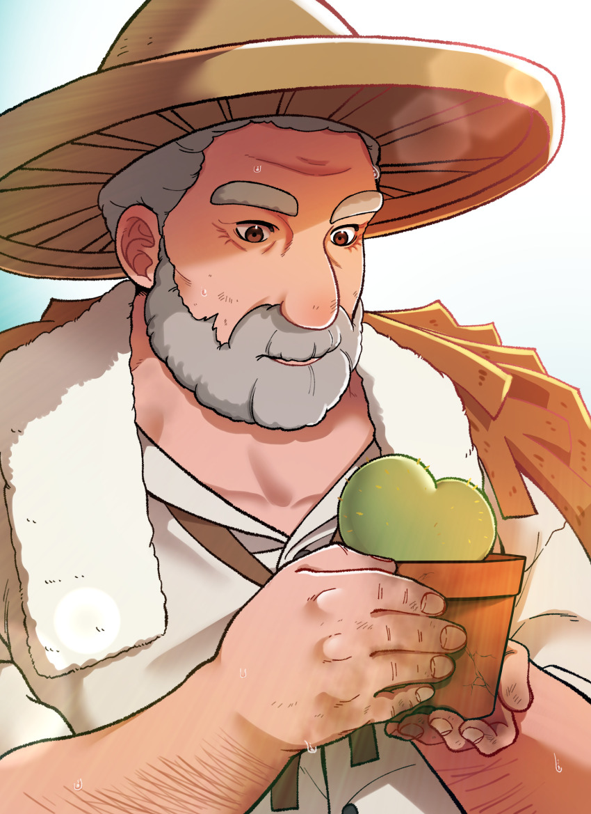 1boy arm_hair beard brown_eyes brown_hat cactus commentary_request facial_hair flower_pot grey_hair hat highres holding holding_flower_pot male_focus mature_male mugicha_(zoro1132) my_time_at_portia my_time_at_sandrock solo sombrero thick_eyebrows upper_body wrinkled_skin zeke_(my_time_at_sandrock)