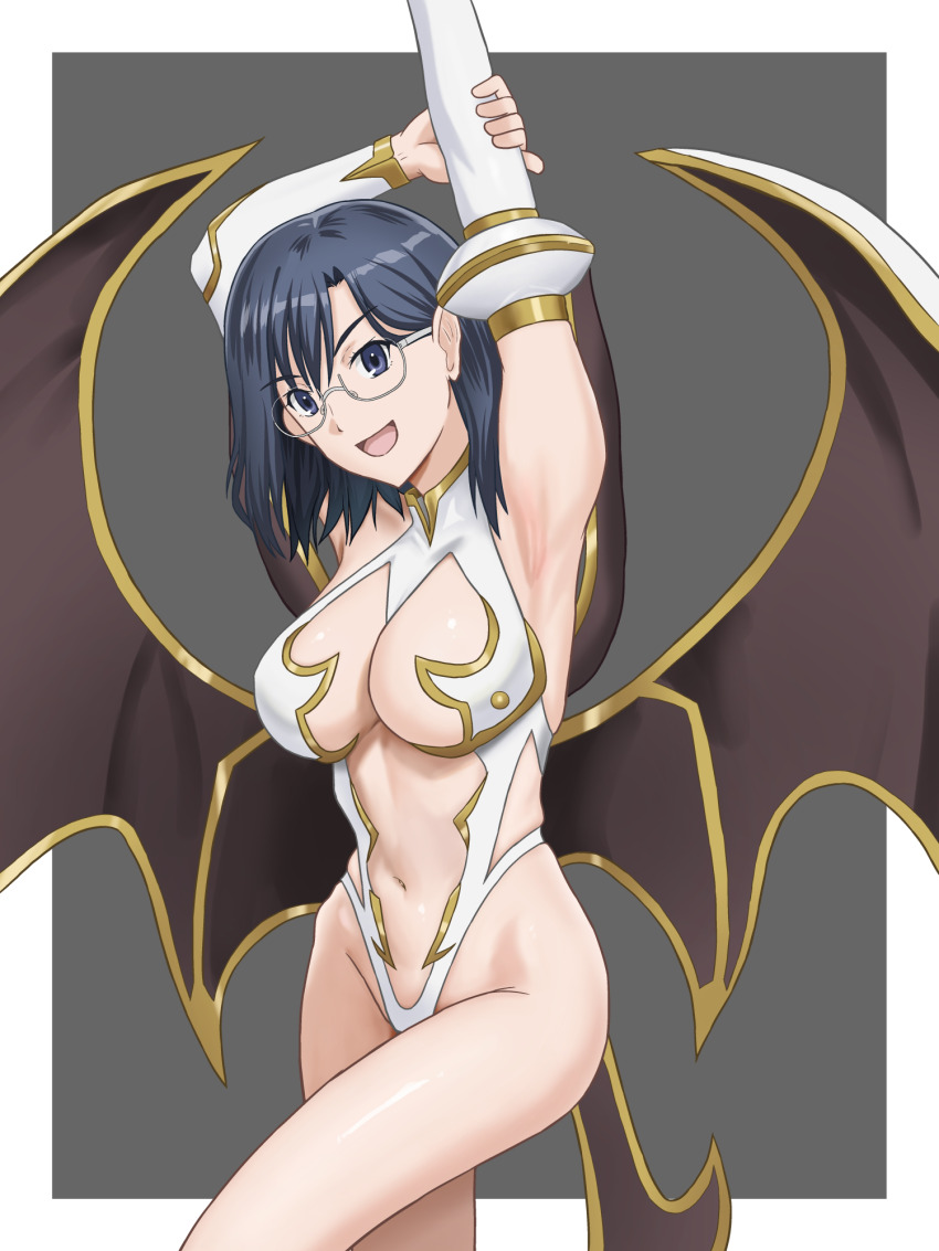 1girl :d armpits arms_up black_background black_hair blue_eyes border breasts clothing_cutout cosplay demon_wings detached_sleeves ehou_mangan glasses highleg highleg_leotard highres konori_mii large_breasts leotard looking_at_viewer medium_hair navel open_mouth smile solo stomach_cutout toaru_kagaku_no_railgun toaru_majutsu_no_index white_border white_leotard white_sleeves wings