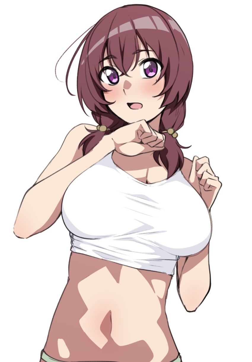 1girl bare_arms bare_shoulders blush breasts brown_hair crop_top crossed_bangs hair_between_eyes hands_up highres large_breasts looking_at_viewer low_twintails medium_hair midriff monya_monya_(tmsc7752) navel open_mouth original pink_eyes short_twintails simple_background solo tank_top twintails upper_body white_background white_tank_top