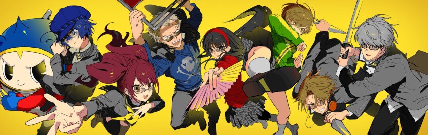 3boys 4girls amagi_yukiko black_hair black_jacket black_thighhighs blue_hair blue_hat brown_hair dual_wielding glasses grey_hair grin gun hairband hanamura_yousuke hat headphones headphones_around_neck highres holding holding_gun holding_sword holding_weapon jacket kicking kujikawa_rise kuma_(persona_4) kunai long_sleeves multiple_boys multiple_girls narukami_yu natwjeq neckerchief open_mouth persona persona_4 red_hair red_hairband satonaka_chie school_uniform shirogane_naoto short_hair skirt smile socks sunglasses sword tatsumi_kanji thighhighs weapon yasogami_school_uniform yellow_background yellow_neckerchief