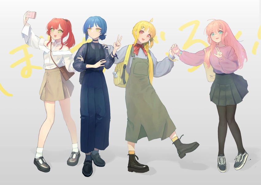 4girls absurdres ahoge alternate_costume alternate_hairstyle black_pantyhose black_skirt blonde_hair blue_eyes blue_hair blue_pants bocchi_the_rock! brown_skirt casual full_body gotoh_hitori green_eyes grey_background grey_shirt highres ijichi_nijika kabanoki kita_ikuyo looking_at_viewer multiple_girls orange_eyes overalls pants pantyhose pink_hair pink_shirt red_hair selfie shirt shoes skirt smile sneakers v white_shirt yamada_ryo yellow_eyes