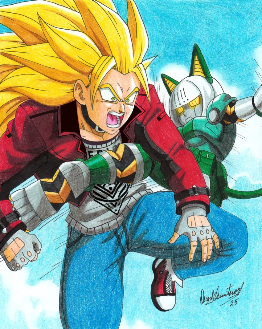 absurdres blood_rivals chris_hollway_(blood_rivals) crossover dragonball_z highres multiple_crossover parody robo-fortune robot_girl skullgirls super_saiyan super_saiyan_3