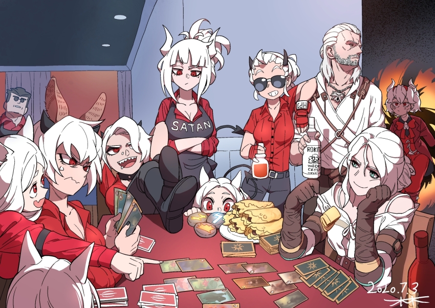 2boys 6+girls :/ ahoge alcohol animal_ears apron arm_on_another&#039;s_shoulder arm_support armband arms_behind_head arms_under_breasts beard beelzebub_(helltaker) belt belt_buckle black_apron black_armband black_collar black_eyeliner black_footwear black_hair black_horns black_nails black_pants black_shirt black_tail blunt_bangs bob_cut boots bottle bow bowtie bra breasts brown_belt brown_gloves brown_pants buckle card card_game ceiling_light cerberus_(helltaker) ciri cleavage closed_mouth collar collarbone collared_shirt commentary_request crossed_arms crossover curtains dated deck_of_cards demon_girl demon_horns demon_tail dog_ears donkey_ears earrings elbow_gloves elbows_on_table eyeliner face_piercing facial_hair fang fingerless_gloves food fork formal_clothes freckles geralt_of_rivia gloves green_eyes gwent_(game) hair_between_eyes hair_bun hair_ornament hair_over_one_eye hand_on_table head_rest helltaker helltaker_(character) holding holding_bottle holding_card holding_fork horns indoors jacket jewelry johnlim justice_(helltaker) knee_boots korean_commentary large_breasts leaning_on_person leather_belt legs_on_table lip_piercing long_hair looking_at_another looking_down looking_to_the_side lucifer_(helltaker) makeup malina_(helltaker) medium_breasts medium_hair messy_hair multiple_boys multiple_girls nose_piercing off_shoulder on_chair one_side_up open_clothes open_mouth open_shirt pancake pants parted_bangs piercing plate pointing portal_(object) raised_eyebrow raised_eyebrows red_bow red_bowtie red_eyes red_footwear red_gloves red_jacket red_pants red_shirt red_suit runes scar scar_across_eye scar_on_face sharp_teeth shirt short_hair short_sleeves sidelocks signature single_hair_bun sitting skin_fang smile standing straight_hair suit sunglasses sweatdrop table tail teeth the_witcher_(series) underwear upper_teeth_only v-shaped_eyebrows vest vodka waistcoat wavy_hair wavy_mouth white_bra white_facial_hair white_hair white_horns white_shirt wine_bottle witcher_medallion zdrada_(helltaker)