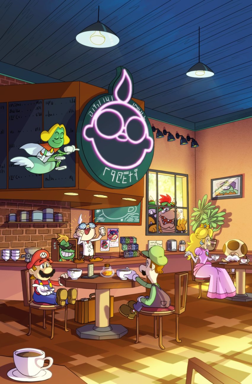 1girl 3boys ^^^ absurdres blonde_hair bowser brown_hair cafe chalkboard character_request coffee crown crying cup disposable_cup drawing_(object) dress facial_hair hat highres indoors lab_coat liz_anna_mae luigi mario mario_&amp;_luigi:_superstar_saga mario_&amp;_luigi_rpg mario_(series) multiple_boys mustache neon_lights nintendo open_mouth overalls plant popple portrait_(object) poster potted_plant prince_peasley princess_peach professor_elvin_gadd queen_bean sitting smile starbeans_employee sunglasses sweatdrop table toadsworth wanted_poster window