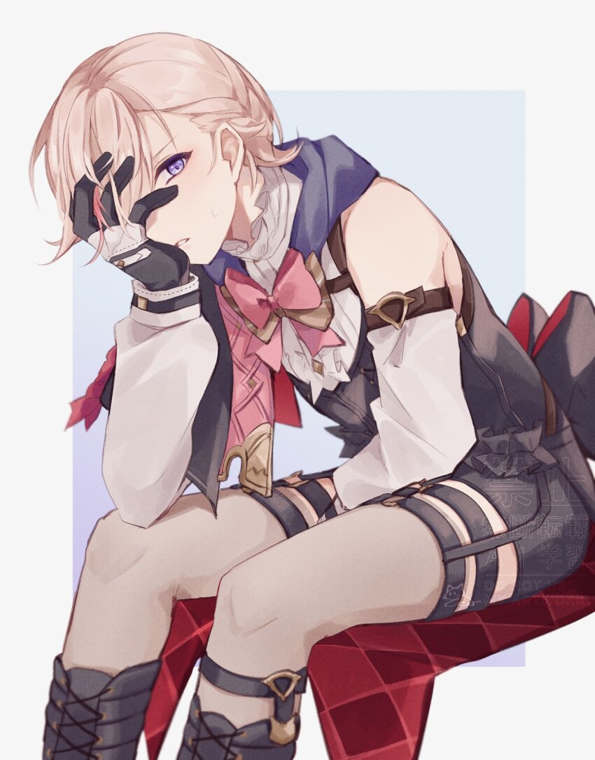 1boy black_boots black_gloves black_shorts boots bow detached_sleeves genshin_impact gloves hair_over_one_eye hand_on_own_face highres looking_at_viewer lyney_(genshin_impact) male_focus multicolored_hair nekorin_chu parted_lips pink_bow pink_hair purple_eyes shorts simple_background sitting solo streaked_hair white_sleeves