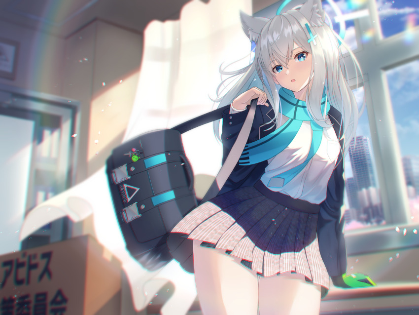 1girl :o animal_ear_fluff animal_ears aqua_scarf bag blue_archive blue_eyes blue_halo blue_jacket blue_scarf box breast_pocket breasts cardboard_box city cityscape commentary_request cowboy_shot cross cross_hair_ornament curtains dot_nose extra_ears gloves green_gloves grey_hair grey_skirt hair_ornament halo highres holding holding_bag indoors inverted_cross jacket lens_flare long_hair long_sleeves medium_breasts mismatched_pupils open_clothes open_jacket open_mouth pleated_skirt pocket scarf school_uniform shiroko_(blue_archive) shirt shoulder_bag skirt tako-san_wiener_(takosanuma) thighs window wolf_ears