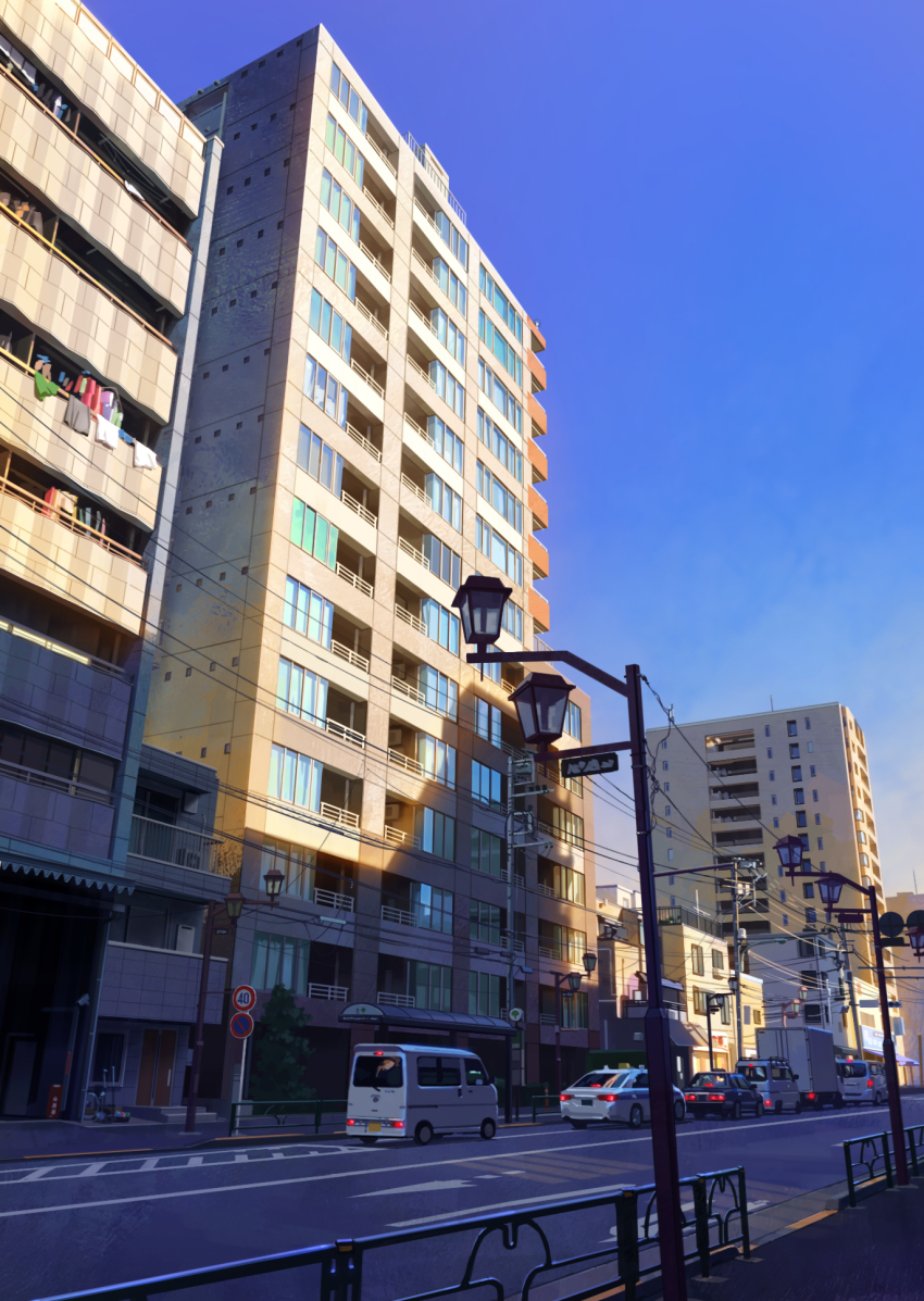 black_car blue_sky box_truck building bus_stop capelet car city clear_sky commentary_request evening highres karasu_(hageabura-jr) lamppost laundry motor_vehicle no_humans original outdoors power_lines railing road road_sign scenery sidewalk sign sky street sunlight taxi tree truck utility_pole white_capelet