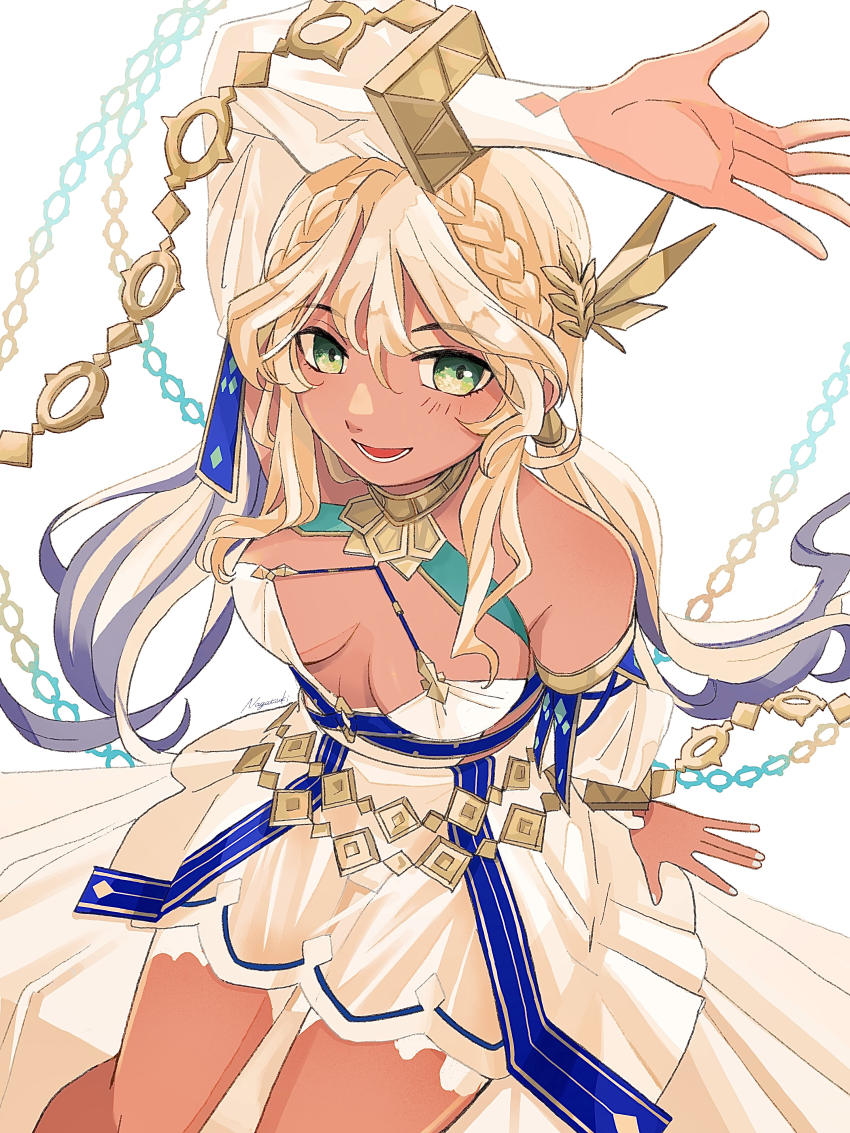1girl absurdres andromeda_(fate) andromeda_(first_ascension)_(fate) armlet bare_shoulders belly_chain blonde_hair braid breasts chain collar crown_braid cuffs dark-skinned_female dark_skin detached_sleeves dress fate/grand_order fate_(series) gold_choker green_eyes hair_ornament highres jaws jewelry large_breasts long_hair low_twintails metal_collar multicolored_hair nagatsuki_(huwamo9_8ku) shackles smile solo twintails two-tone_hair wrist_cuffs yellow_wrist_cuffs