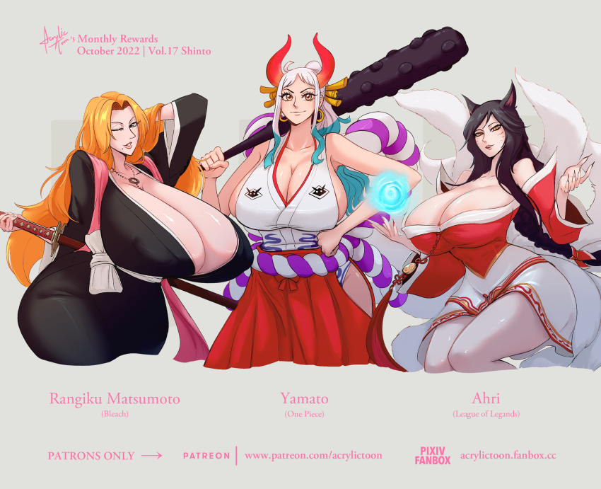 2022 3girls acrylictoon ahri_(league_of_legends) animal_ears bare_shoulders black_dress black_kimono bleach breasts cleavage club club_(weapon) curvy dress english_text eyelashes female_focus fox_ears fox_girl fox_tail gigantic_breasts grey_background grey_eyes highres hip_vent holding holding_club holding_weapon horns huge_breasts japanese_clothes kanabou kimono league_of_legends long_hair looking_at_viewer magic matsumoto_rangiku miko mole mole_under_mouth multiple_girls multiple_tails one_eye_closed one_piece orange_hair over_shoulder ponytail red_horns shiny_skin skin_tight slit_pupils smile standing sword tail thick_thighs thighs weapon weapon_over_shoulder white_hair wide_hips wink yamato_(one_piece) yellow_eyes