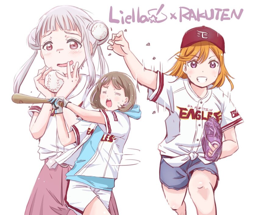 3girls arashi_chisato arched_bangs ball baseball_(object) baseball_bat baseball_cap baseball_glove baseball_uniform black_shorts blue_hoodie blush brown_hair cowboy_shot double_bun feet_out_of_frame gloves grin group_name hair_bun hashtag-only_commentary hat holding holding_ball holding_baseball_bat hood hood_down hoodie love_live! love_live!_superstar!! maruyo multiple_girls nippon_professional_baseball open_clothes open_mouth open_shirt orange_hair pink_skirt purple_eyes red_hat shibuya_kanon shirt short_hair short_sleeves shorts simple_background skirt smile sportswear tang_keke tied_shirt touhoku_rakuten_golden_eagles v-shaped_eyebrows white_background white_gloves white_hair white_shirt white_shorts