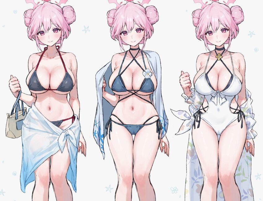 1girl bare_shoulders bikini black_bikini black_choker blue_archive blue_bikini blush breasts choker cleavage closed_mouth commentary_request covered_navel double_bun hair_between_eyes hair_bun halo hand_up highres hinata_(blue_archive) hinata_(swimsuit)_(blue_archive) kikyou_(blue_archive) kikyou_(swimsuit)_(blue_archive) large_breasts looking_at_viewer multiple_views navel one-piece_swimsuit pink_eyes pink_hair pink_halo sarong simple_background smile standing swimsuit tomoe_(blue_archive) white_background white_one-piece_swimsuit white_sarong yomizu_(rdad3278)