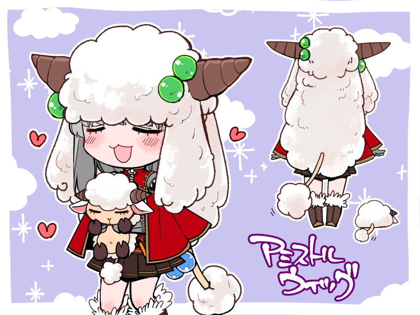 1girl :3 amistr_(ragnarok_online) blush boots brown_dress brown_footwear brown_horns cape closed_eyes commentary_request creator_(ragnarok_online) dress fake_horns feet_out_of_frame full_body fur-trimmed_footwear fur_hat fur_trim grey_hair hat heart highres holding_sheep horns long_hair miya_daisuke multiple_views open_mouth pleated_dress purple_background ragnarok_online red_cape sheep sheep_tail smile tail translation_request