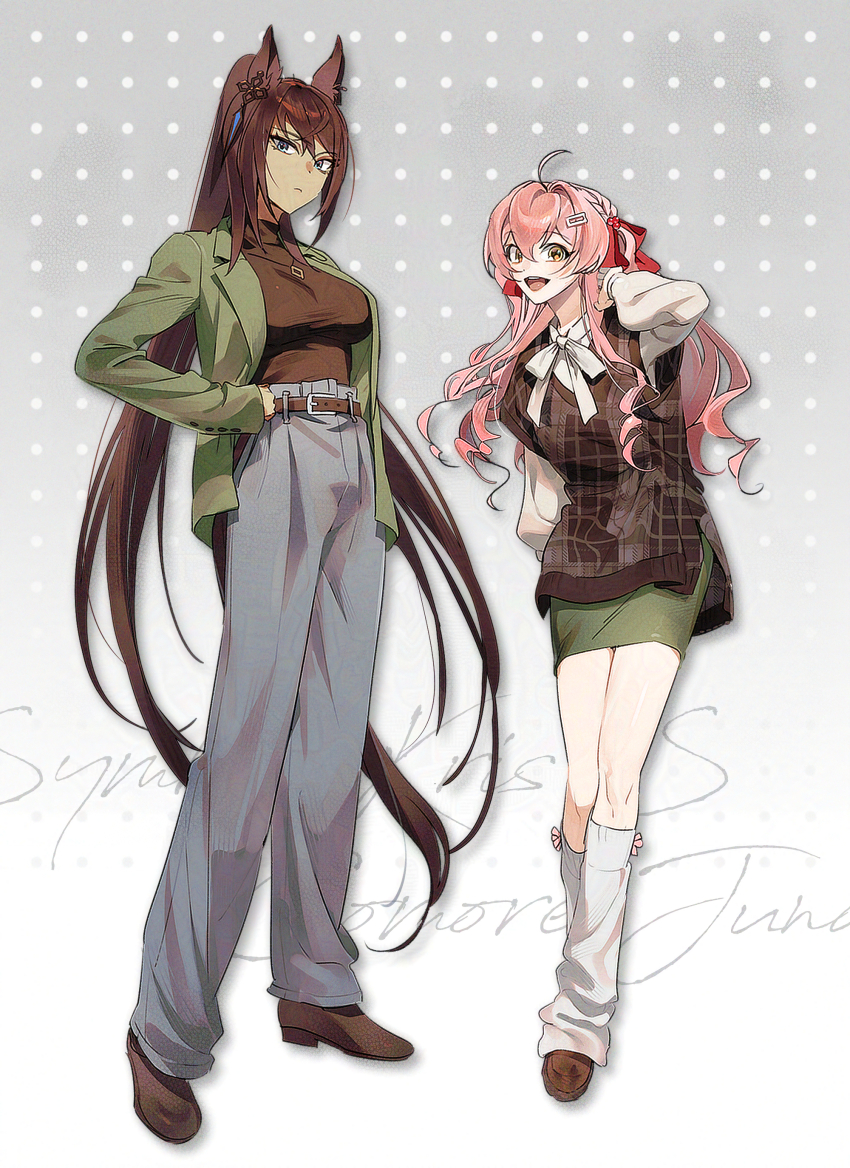 2girls :d absurdres ahoge animal_ears artist_self-insert belt blue_eyes bow breasts brown_belt brown_hair brown_shoes brown_sweater brown_tail character_name closed_mouth comore_juna_(murangee) dark-skinned_female dark_skin ear_ornament female_trainer_(umamusume) full_body green_jacket green_skirt hair_between_eyes hair_bow hair_ornament hand_on_own_hip height_difference highres horse_ears horse_girl horse_tail jacket jewelry lapels large_breasts long_hair long_sleeves loose_socks multiple_girls murangee neck_ribbon necklace notched_lapels oc_x_canon open_clothes open_jacket open_mouth original pants pink_hair plaid_clothes plaid_sweater red_bow ribbon shirt shoes skirt smile socks standing sweater swept_bangs symboli_kris_s_(umamusume) tail trainer_(umamusume) tsurime turtleneck turtleneck_sweater umamusume very_long_hair wavy_hair white_ribbon white_shirt white_socks yellow_eyes
