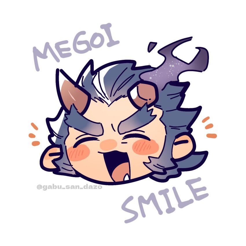 1boy blue_hair blush broken_horn close-up closed_eyes dark_blue_hair fangs forked_eyebrows gabu_(gabu_san_dazo) happy_aura highres horns long_sideburns male_focus oni_horns open_mouth sideburns takemaru_(housamo) thick_eyebrows tokyo_houkago_summoners twitter_username