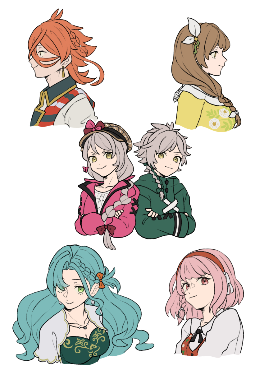 2boys 4girls absurdres aqua_hair blonde_hair braid braided_ponytail breasts brother_and_sister chloe_(fire_emblem) clanne_(fire_emblem) dress earrings fire_emblem fire_emblem_engage framme_(fire_emblem) goldmary_(fire_emblem) green_eyes green_hair hahm0106 hairband highres jewelry lapis_(fire_emblem) large_breasts looking_to_the_side low_ponytail multiple_boys multiple_girls nintendo orange_hair pandreo_(fire_emblem) pink_eyes pink_hair ponytail red_hairband shirt_under_dress siblings twins yellow_dress
