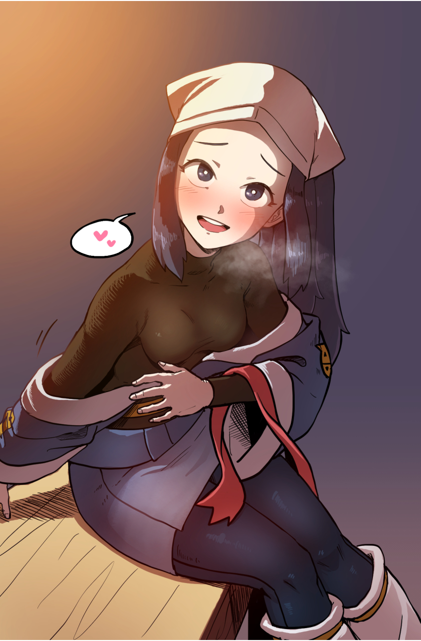 1girl akari_(pokemon) arm_support bench black_eyes black_hair blush breasts breath bright_pupils commentary_request eyelashes grey_jacket grey_skirt headscarf heart heydove highres jacket long_hair loose_socks nintendo off_shoulder open_mouth pantyhose pokemon pokemon_legends:_arceus ponytail scarf sidelocks sitting skirt smile socks solo spoken_heart teeth tongue unworn_scarf upper_teeth_only white_headscarf white_headwear white_pantyhose white_pupils