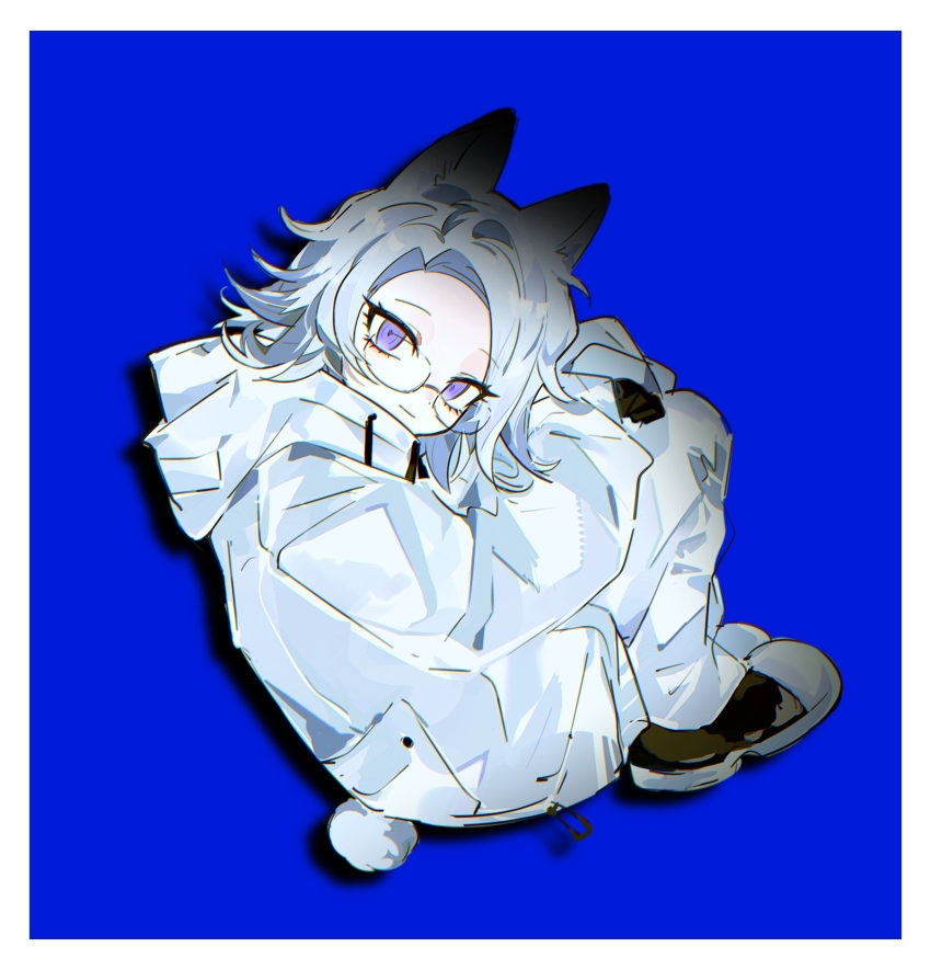 1boy absurdres ac_warlock animal_ears aotsuki_eito black_gloves black_shoes blue_background border curled_up glasses gloves grey_hair highres jacket kemonomimi_mode looking_at_viewer male_focus pants purple_eyes rabbit_boy rabbit_ears rabbit_tail shoes short_hair simple_background solo tail the_hundred_line_-last_defense_academy- white_border white_jacket white_pants