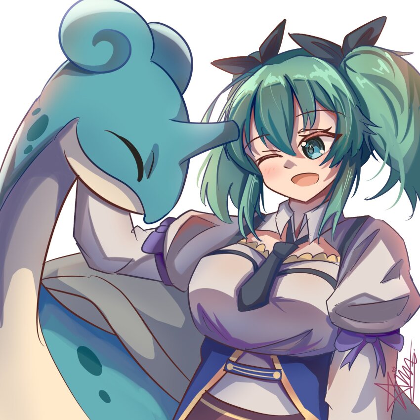1girl ;d ^_^ aqua_eyes aqua_hair arm_at_side artist_name assault_lily belt black_ribbon bow breasts brown_belt closed_eyes collared_shirt commentary crossover gen_1_pokemon h_ans_(hmn_anz) hair_between_eyes hair_ribbon hand_up highres juliet_sleeves lapras large_breasts long_sleeves looking_at_another medium_hair name_connection nintendo odaiba_girls_high_school_uniform one_eye_closed open_mouth petting pokemon pokemon_(creature) puffy_sleeves purple_bow ribbon school_uniform shirt signature simple_background sleeve_bow smile solo standing suzuki_chinami twintails upper_body waist_cape white_background white_shirt