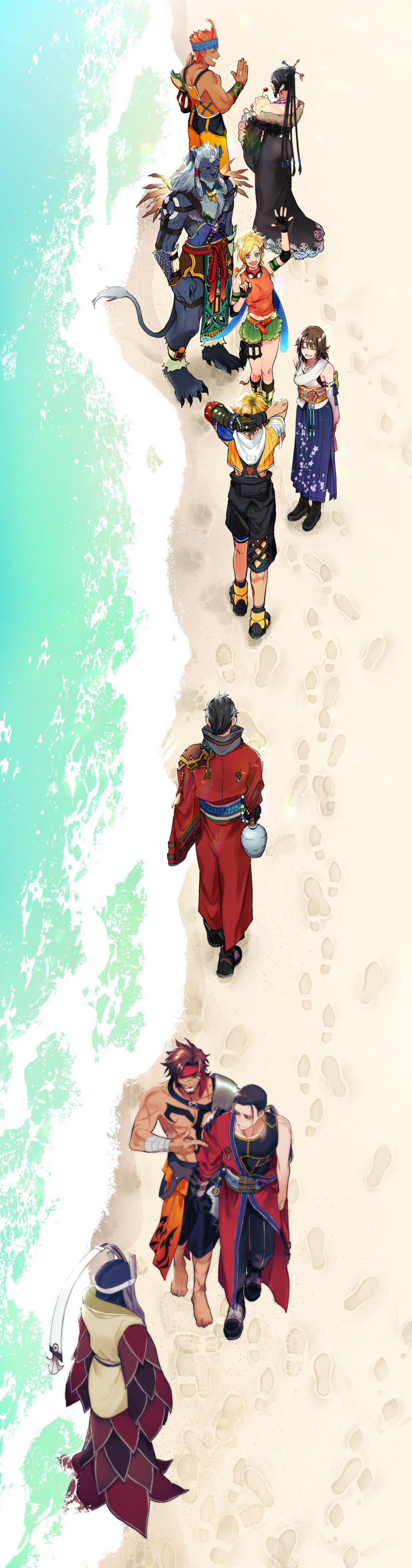 3girls 6+boys absurdres armor arms_behind_head auron bare_shoulders barefoot beach black_hair blonde_hair braska broken_horn brown_hair chahamu dark-skinned_male dark_skin dress dual_persona final_fantasy final_fantasy_x floral_print footprints fur_trim grey_hair hakama hakama_short_skirt hakama_skirt headband highres horns japanese_clothes jecht kimahri_ronso long_image long_skirt looking_at_another lulu_(ff10) moogle multiple_boys multiple_girls orange_hair rikku_(ff10) ronso sand scar short_shorts shorts shoulder_armor single_horn skirt smile tidus wakka walking water yuna_(ff10)