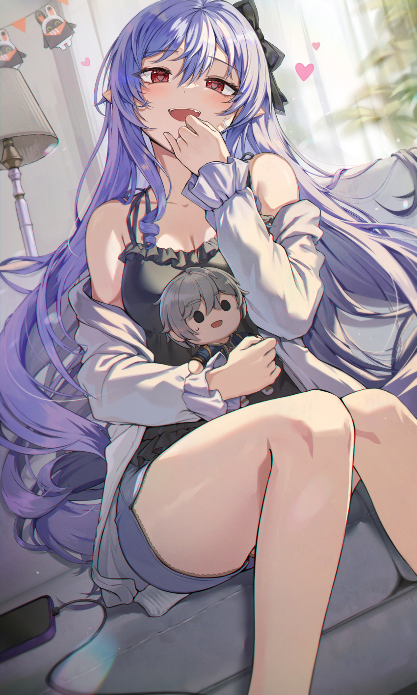 1girl absurdres alternate_costume bare_shoulders black_bow black_camisole blue_shorts bow breasts camisole casual cellphone character_doll charging_device cleavage commentary_request doll eous_(zenless_zone_zero) feet_out_of_frame hair_bow heart heart-shaped_pupils highres holding holding_doll indoors knees_together_feet_apart large_breasts long_hair looking_at_viewer luzzi_(milllim) objectification off_shoulder open_clothes open_mouth open_shirt phone pointy_ears purple_hair red_eyes shirt shorts sitting smartphone smile solo symbol-shaped_pupils very_long_hair vivian_(zenless_zone_zero) white_shirt wise_(zenless_zone_zero) zenless_zone_zero