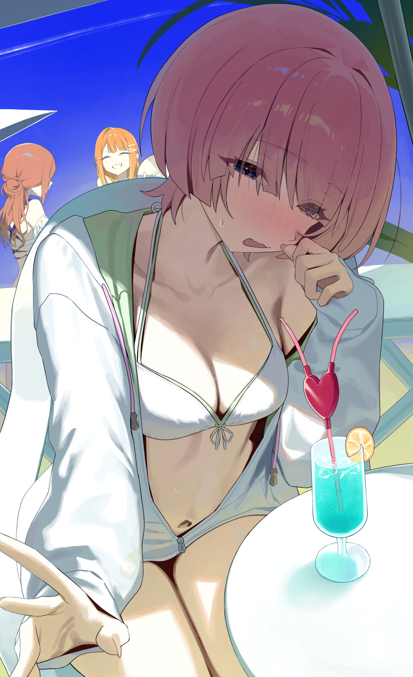 3girls ^_^ absurdres arimura_mao bikini bikini_under_clothes blush breasts brown_hair cleavage closed_eyes collarbone drink embarrassed fingernails front-tie_bikini_top front-tie_top gakuen_idolmaster halterneck highres himesaki_rinami idolmaster jacket kimi_to_semi_blue_(idolmaster) looking_at_viewer medium_breasts multiple_girls navel nose_blush official_alternate_costume orange_hair outdoors pink_hair shiun_sumika sitting swimsuit syhan thighs two-sided_fabric two-sided_jacket white_bikini white_jacket