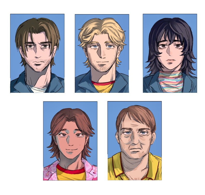 1girl 4boys absurdres anya_(mouthwashing) black_eyes black_hair blonde_hair blue_background blue_eyes blue_jacket border brown_eyes brown_hair closed_mouth collared_shirt curly_(mouthwashing) daisuke_(mouthwashing) empty_eyes floral_print grey_eyes hair_between_eyes hawaiian_shirt highres jacket jimmy_(mouthwashing) lapels lips long_hair looking_at_viewer mayflyaa mole mole_under_eye mouthwashing multicolored_sweater multiple_boys open_clothes open_shirt pink_shirt pony_express_uniform shirt short_hair simple_background smile striped_clothes striped_sweater swansea_(mouthwashing) sweater t-shirt turtleneck turtleneck_sweater upper_body white_border white_shirt yellow_shirt
