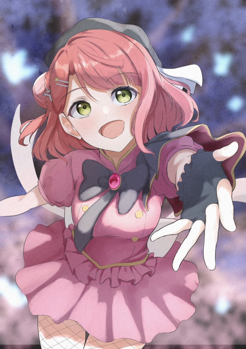 1girl black_bow black_bowtie black_capelet black_gloves black_necktie blunt_bangs blurry blurry_background bow bowtie breasts bun_with_braided_base buttons capelet commentary_request double-breasted fingerless_gloves fishnet_pantyhose fishnets frilled_gloves frills gloves green_eyes hair_bun hair_ornament hairclip half_updo highres looking_at_viewer love_live! love_live!_nijigasaki_high_school_idol_club love_live!_nijigasaki_high_school_idol_club_the_movie_-_finale medium_breasts medium_hair miniskirt necktie official_alternate_costume pantyhose pink_hair pink_shirt pink_skirt puffy_short_sleeves puffy_sleeves shirt short_sleeves side_cape single_side_bun skirt skirt_set solo stellar_stream_(love_live!) swept_bangs tomoe_(tomoe_200) uehara_ayumu upturned_eyes