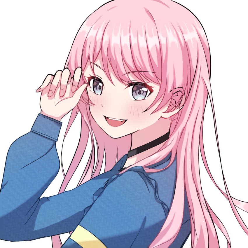 1girl bang_dream! bang_dream!_it&#039;s_mygo!!!!! blush chihaya_anon commentary fang grey_eyes hashtag-only_commentary highres jacket long_hair long_sleeves open_mouth pink_hair qhseim smile white_background