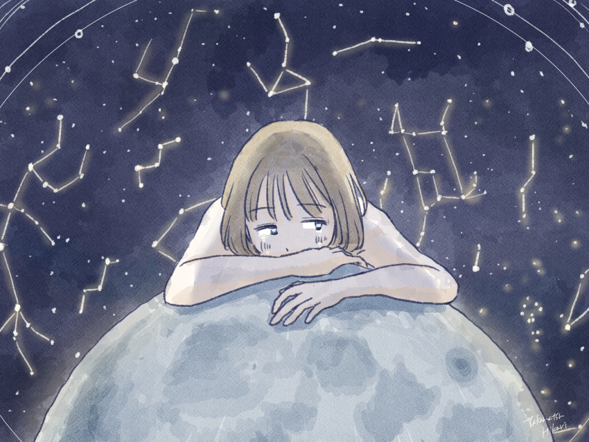 1girl andromeda_(constellation) annotated big_dipper black_eyes blush brown_hair camelopardalis_(constellation) cassiopeia_(constellation) cepheus_(constellation) commentary_request constellation highres lacerta_(constellation) leaning_on_object leo_minor_(constellation) looking_to_the_side lynx_(constellation) moon nude on_mini_planet orbital_path original orion_(constellation) pegasus_(constellation) perseus_(constellation) short_hair sideways_glance signature sky solo star_(sky) star_map starry_sky ursa_major_(constellation) yamauchi_hikari