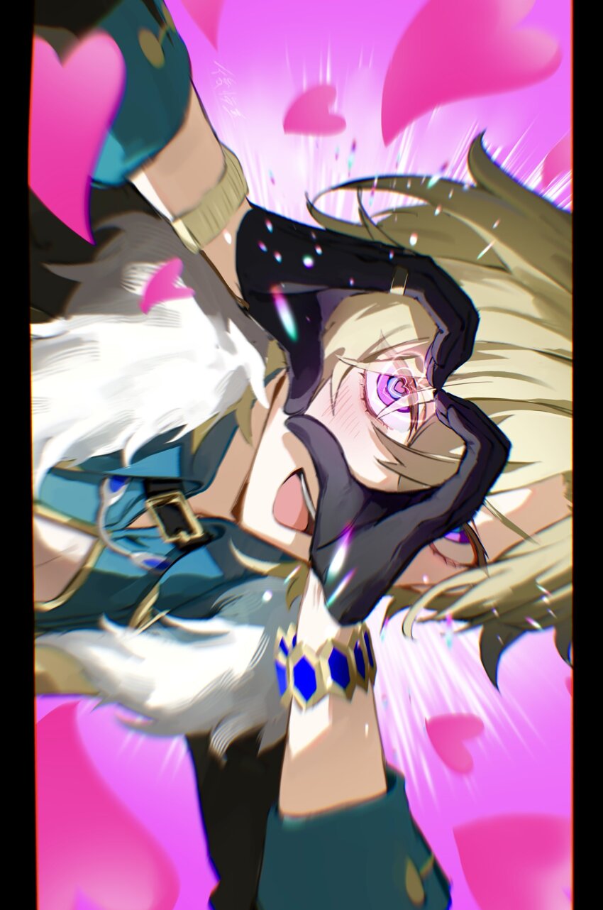 1boy :d absurdres aqua_shirt artist_name aventurine_(honkai:_star_rail) black_collar black_gloves black_jacket blonde_hair blue_eyes blush bracelet cleavage_cutout clothing_cutout collar collared_shirt commentary crossed_bangs fur-trimmed_jacket fur_trim gloves hair_between_eyes half_gloves hands_up heart heart-shaped_pupils heart_hands heart_hands_over_eye highres honkai:_star_rail honkai_(series) jacket jewelry koukai_sita letterboxed long_sleeves looking_at_viewer male_focus multicolored_eyes open_clothes open_jacket open_mouth parted_bangs pink_background purple_eyes ring shirt short_hair sideways signature simple_background sleeves_rolled_up smile solo symbol-only_commentary symbol-shaped_pupils teeth upper_body upper_teeth_only wing_collar