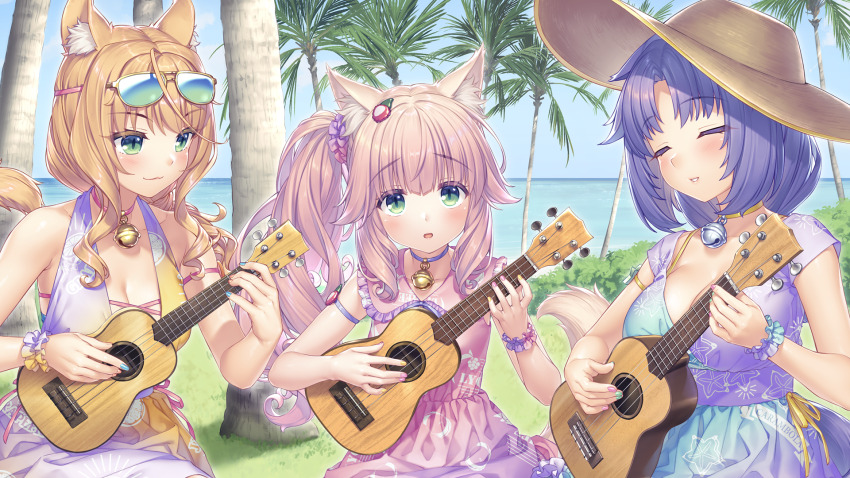 3girls :3 :o ahoge alternate_hairstyle animal_ear_fluff animal_ears arm_strap beach bell blue_nails blush bracelet breasts cat_ears cat_girl cat_tail cinnamon_(nekopara) cleavage closed_eyes closed_mouth clothes_writing day dress eyewear_on_head food-themed_hair_ornament food_print fraise_(nekopara) fruit_hair_ornament fruit_print game_cg grass green_eyes green_nails hair_ornament hair_scrunchie hat highres instrument jewelry large_breasts looking_at_object looking_at_viewer maple_(nekopara) medium_breasts multicolored_dress multiple_girls music nail_polish neck_bell nekopara non-web_source ocean official_art open_mouth orange_hair orange_nails orange_tail outdoors palm_tree pink_hair pink_nails pink_tail playing_instrument ponytail print_dress purple_hair sayori_(neko_works) scrunchie short_hair shy side_ponytail slit_pupils small_breasts smile sundress sunglasses sunglasses_on_head swimsuit swimsuit_under_clothes tail tree ukulele water wavy_hair yellow_nails