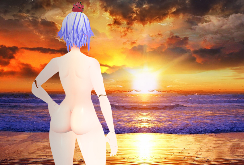 1girl ass cloud cyborg from_behind gen_8_pokemon highres nude sky snom sun sunset vshojo water zentreya zentreya_(cyborg)