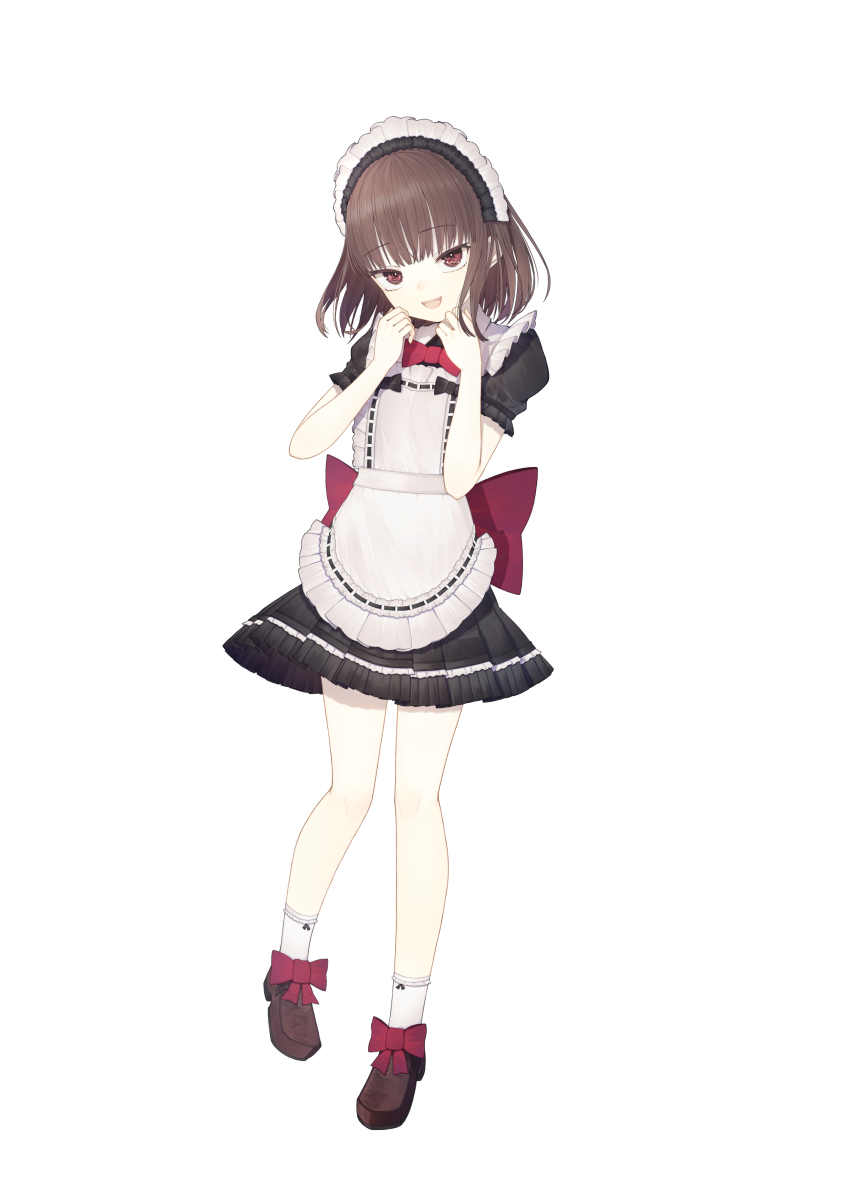 1girl :d absurdres apron back_bow black_bow black_shirt black_skirt bow bowtie brown_hair brown_shoes foot_up footwear_bow frilled_apron frilled_skirt frilled_sleeves frilled_socks frills full_body hands_up highres loafers looking_at_viewer maid maid_apron maid_headdress miniskirt open_mouth original petticoat pleated_skirt puffy_short_sleeves puffy_sleeves red_bow red_bowtie red_eyes riuichi shirt shoes short_hair short_sleeves simple_background single_sidelock skirt skirt_set smile socks solo standing standing_on_one_leg teeth upper_teeth_only white_apron white_background white_socks