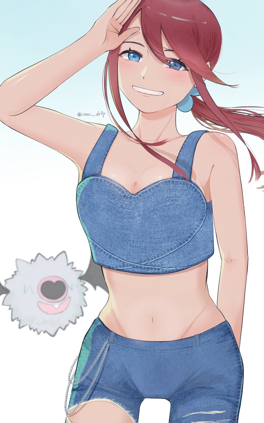 1girl absurdres alternate_costume alternate_hairstyle arm_behind_back bare_arms bare_shoulders blue_eyes blue_shirt blue_shorts breasts chain cleavage cowboy_shot crop_top denim denim_shirt denim_shorts floating_hair gen_5_pokemon gradient_background grin groin hair_between_eyes hand_up head_tilt highres long_hair looking_at_viewer low_ponytail medium_breasts navel nintendo pokemon pokemon_(creature) pokemon_bw ponytail red_hair shirt shorts skyla_(pokemon) smile star_dr0p teeth twitter_username woobat