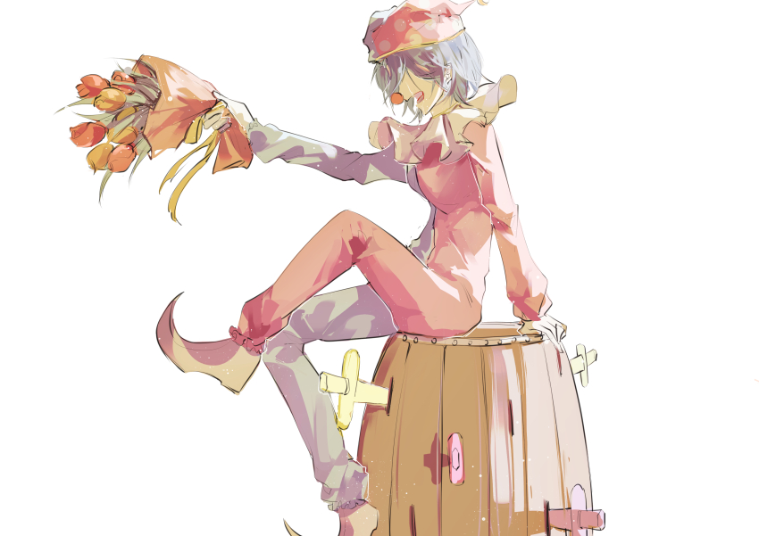 1girl absurdres barrel blue_hair blue_hat blue_jumpsuit bouquet brown_shoes chinese_commentary clown clown_nose commentary_request danganronpa_(series) danganronpa_another danganronpa_another:_another_despair_academy flower frilled_jumpsuit frills from_side full_body hat highres holding holding_bouquet iranami_satsuki jester_cap jumpsuit knife light_particles neck_ruff open_mouth outstretched_arm pink_hat pointy_footwear red_flower red_jumpsuit red_nose red_rose rose setsuna_reed shoes short_hair simple_background sitting smile solo spoilers two-tone_headwear two-tone_jumpsuit white_background yellow_flower yellow_rose